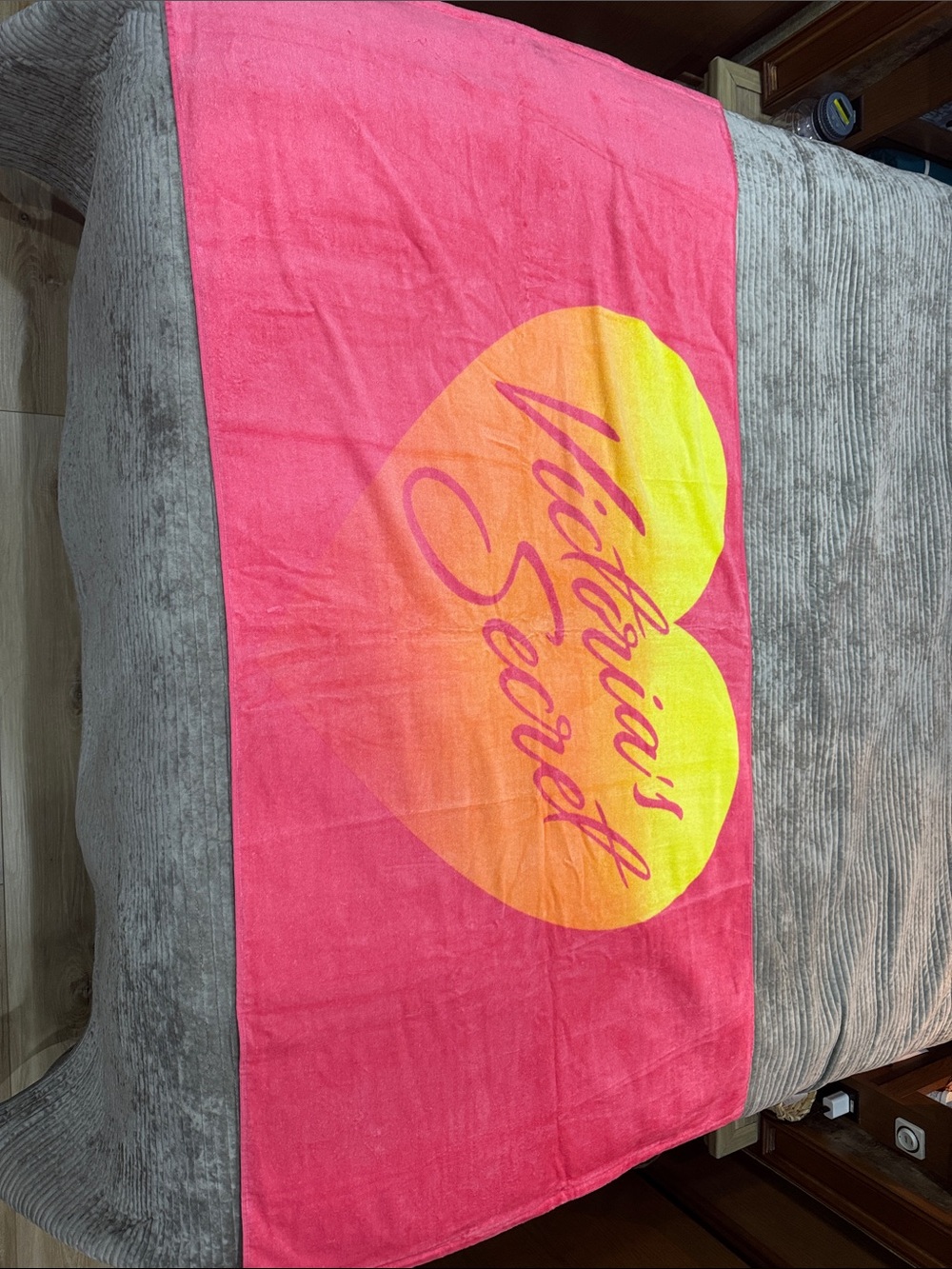 Victoria's Secret Pink Beach Towel with Yellow-Orange Heart Graphic